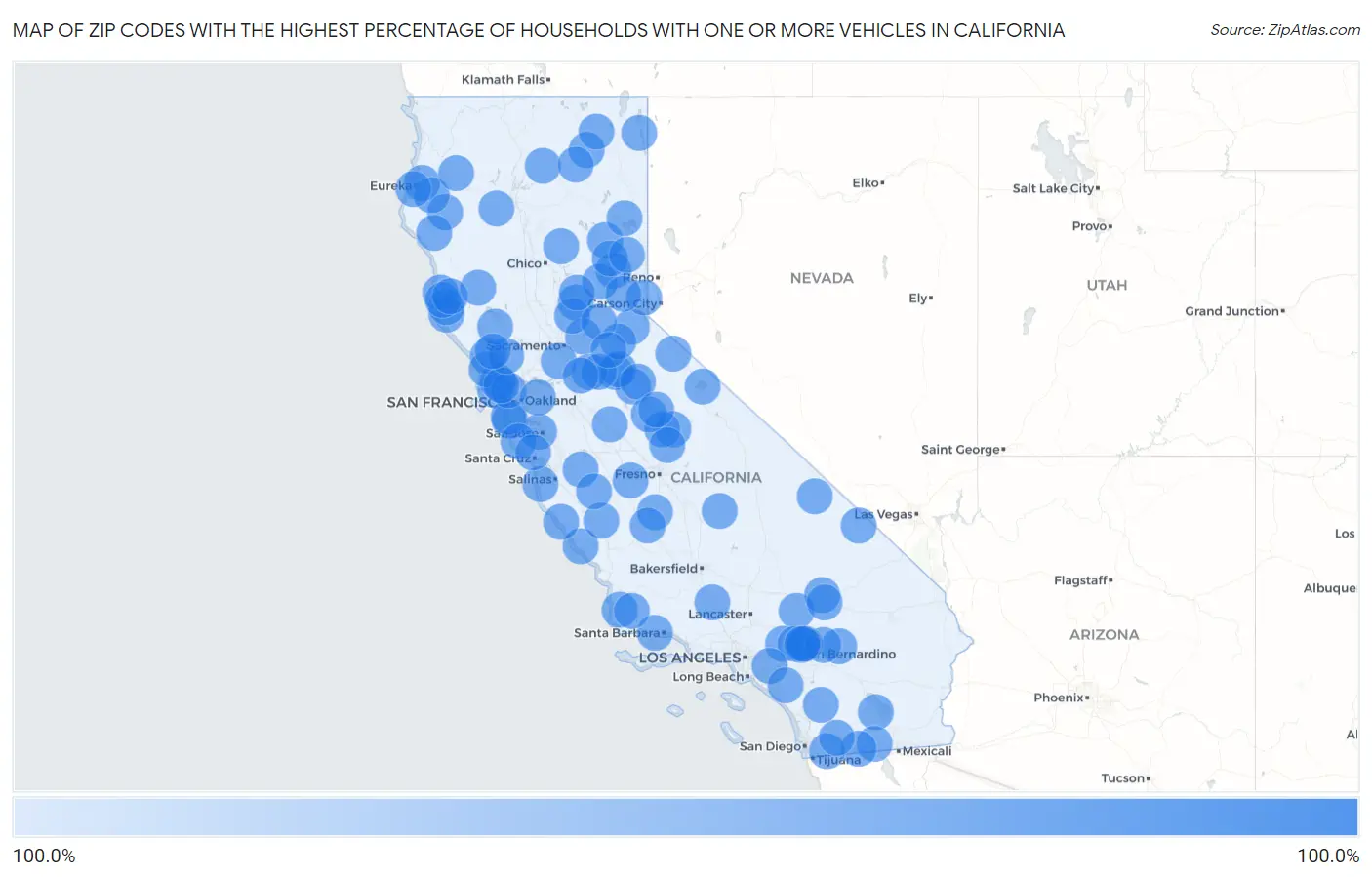 Zip Codes with the Highest Percentage of Households With One or more Vehicles in California Map