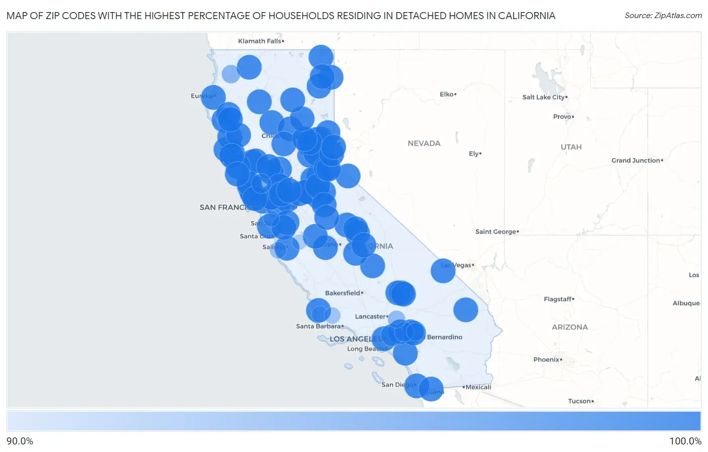 Zip Codes with the Highest Percentage of Households Residing in Detached Homes in California Map