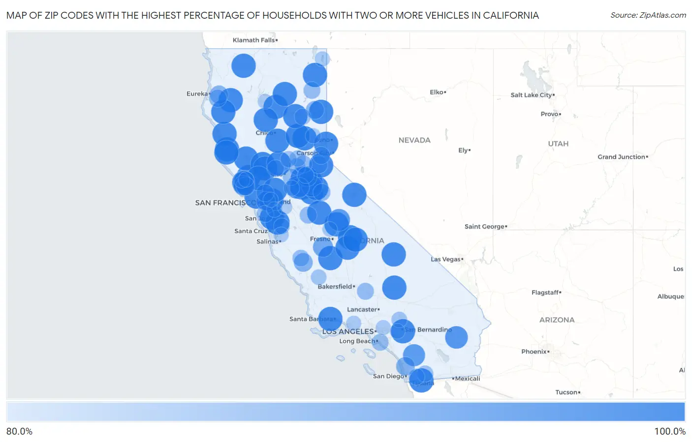 Zip Codes with the Highest Percentage of Households With Two or more Vehicles in California Map