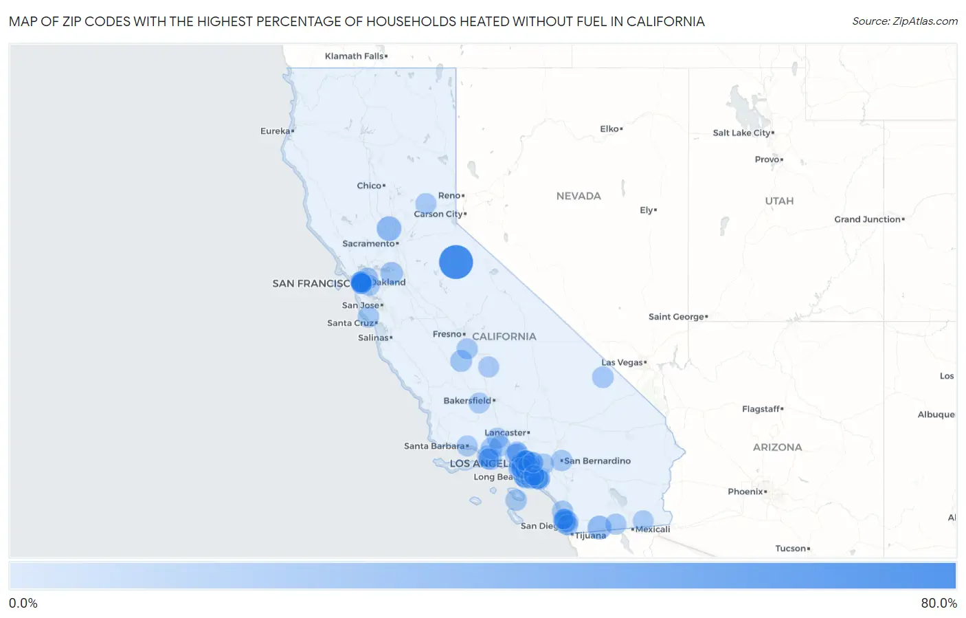 Zip Codes with the Highest Percentage of Households Heated without Fuel in California Map