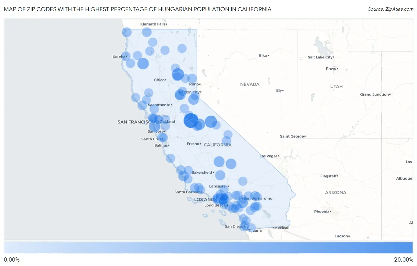 Zip Codes with the Highest Percentage of Hungarian Population in California Map