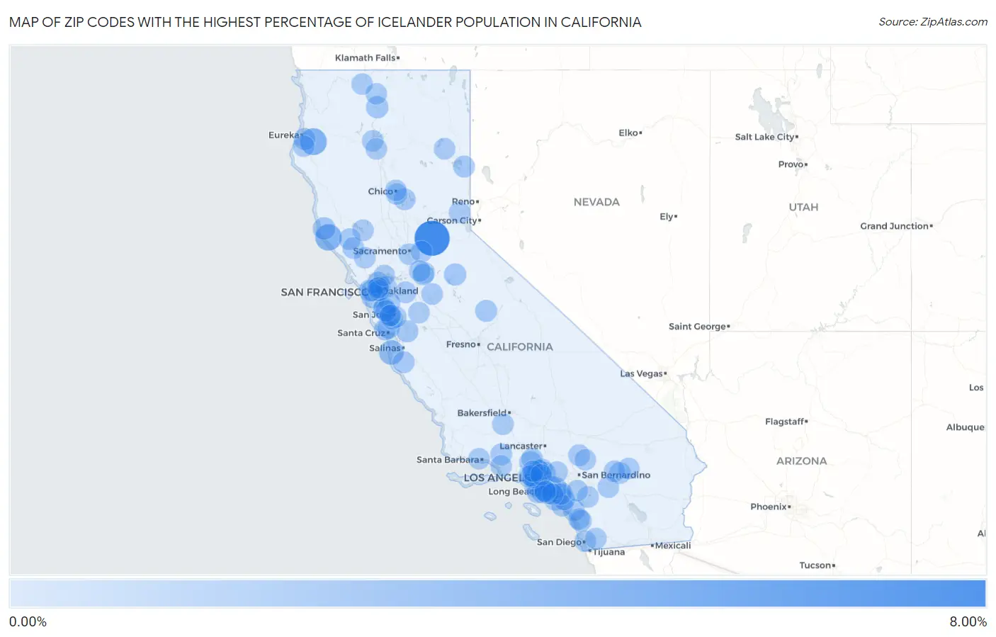Zip Codes with the Highest Percentage of Icelander Population in California Map