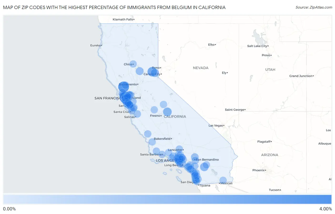 Zip Codes with the Highest Percentage of Immigrants from Belgium in California Map
