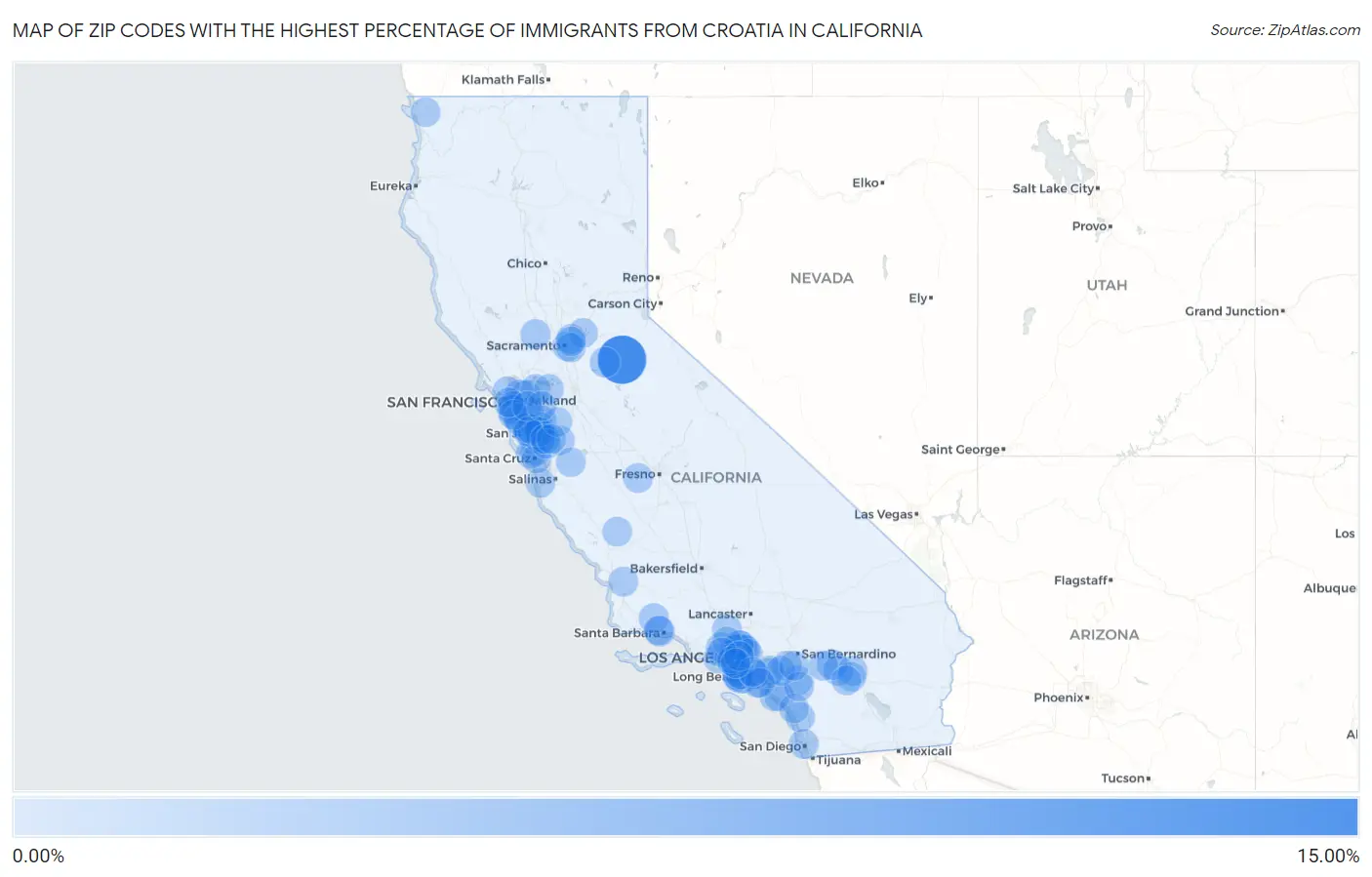 Zip Codes with the Highest Percentage of Immigrants from Croatia in California Map