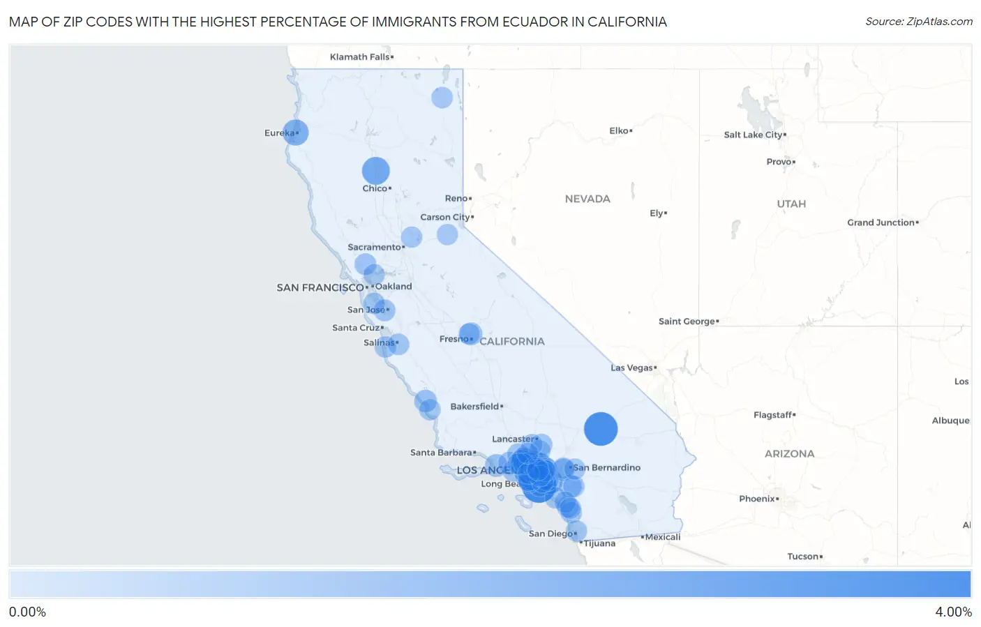Zip Codes with the Highest Percentage of Immigrants from Ecuador in California Map