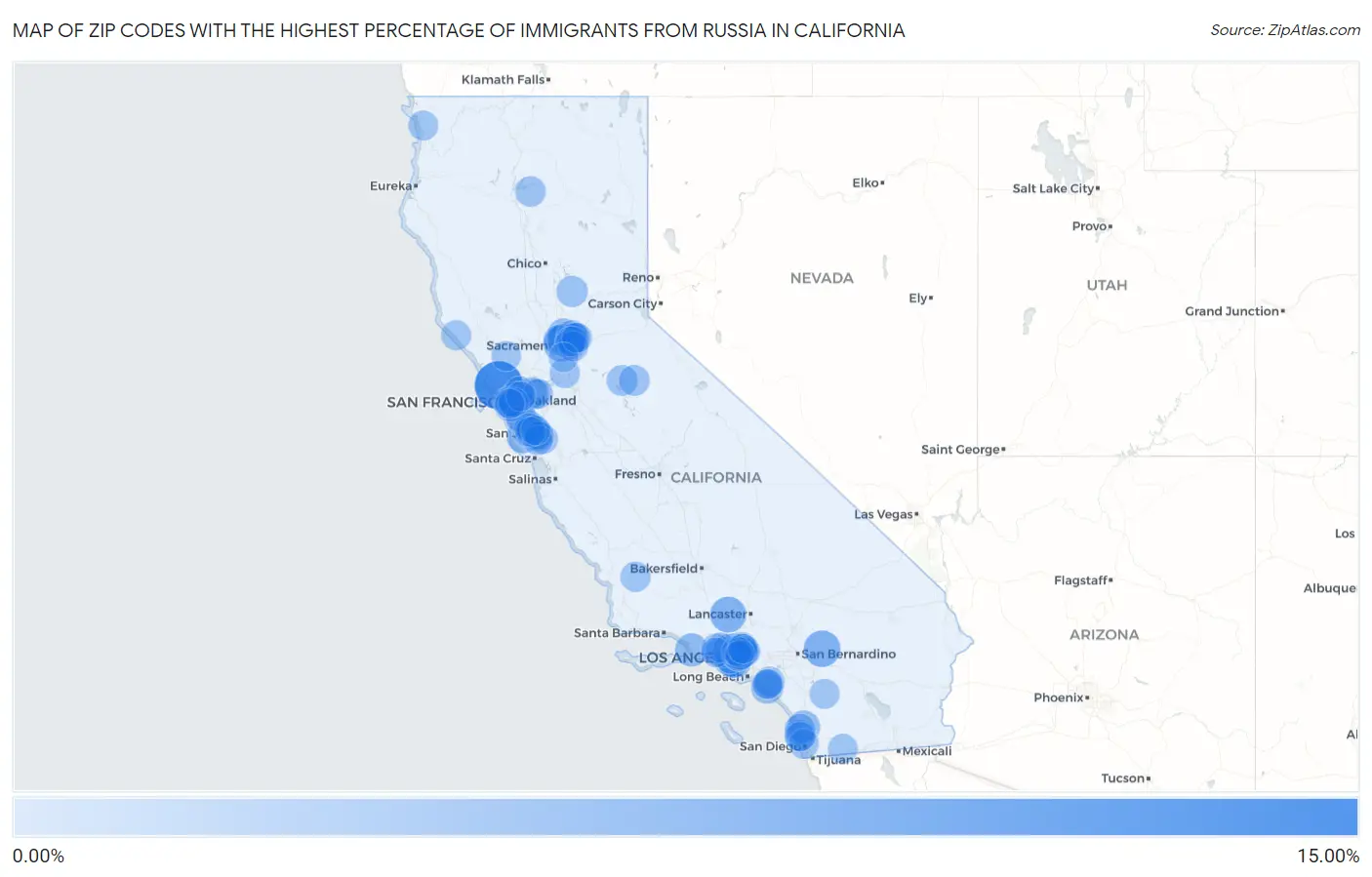 Zip Codes with the Highest Percentage of Immigrants from Russia in California Map