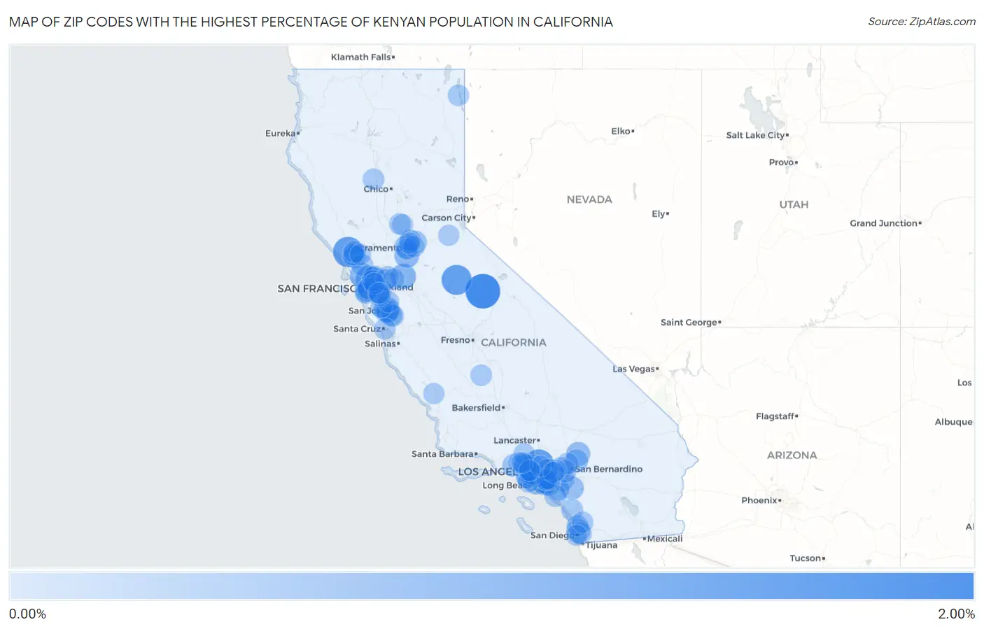 Zip Codes with the Highest Percentage of Kenyan Population in California Map