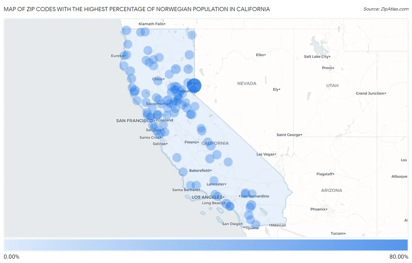 Zip Codes with the Highest Percentage of Norwegian Population in California Map
