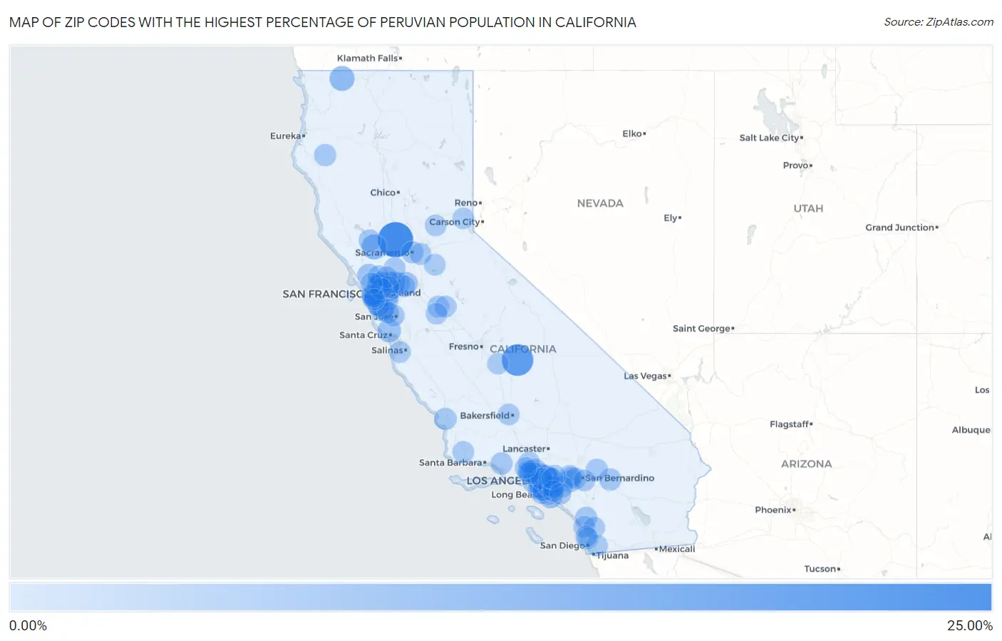Zip Codes with the Highest Percentage of Peruvian Population in California Map