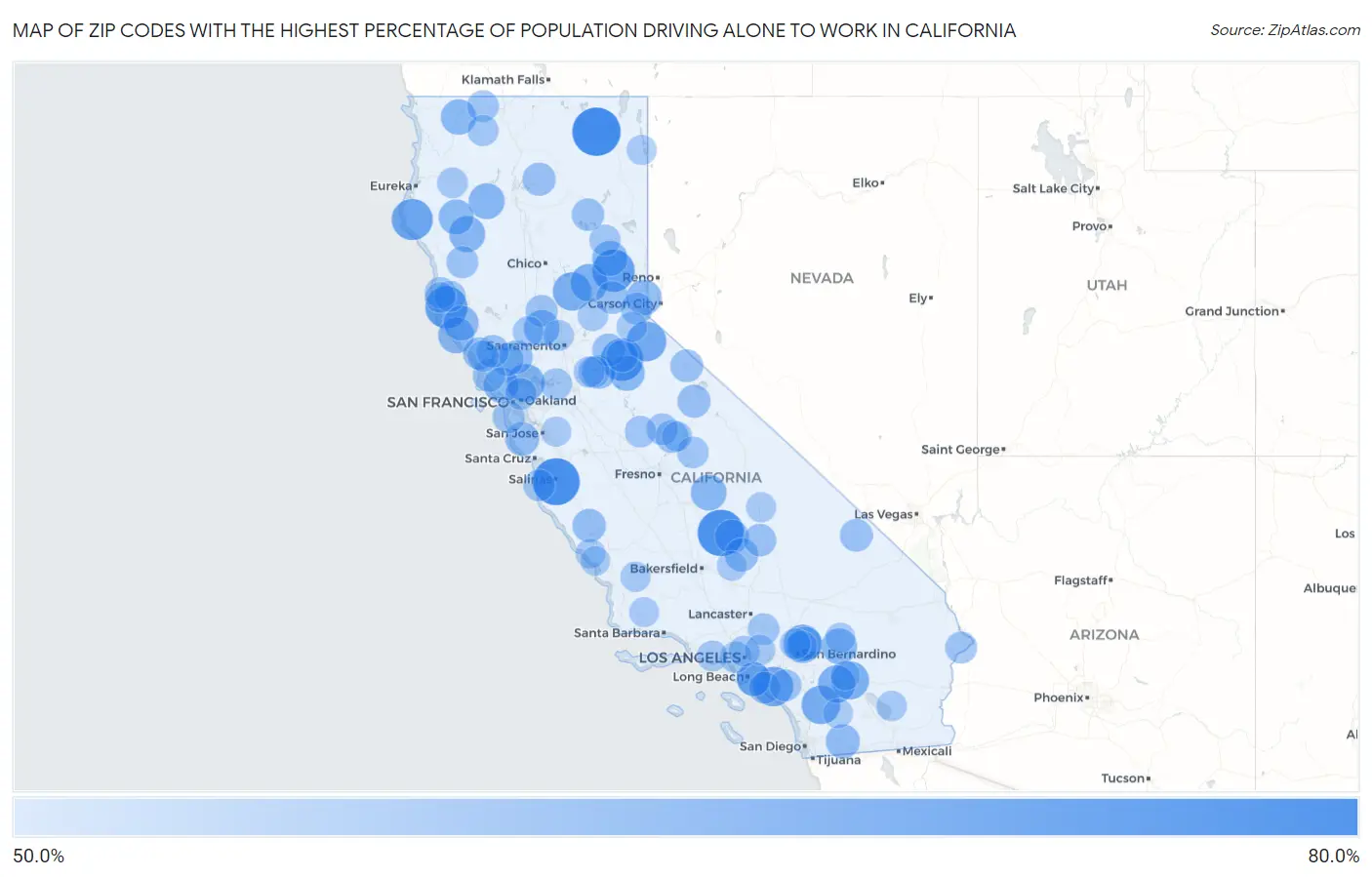 Zip Codes with the Highest Percentage of Population Driving Alone to Work in California Map