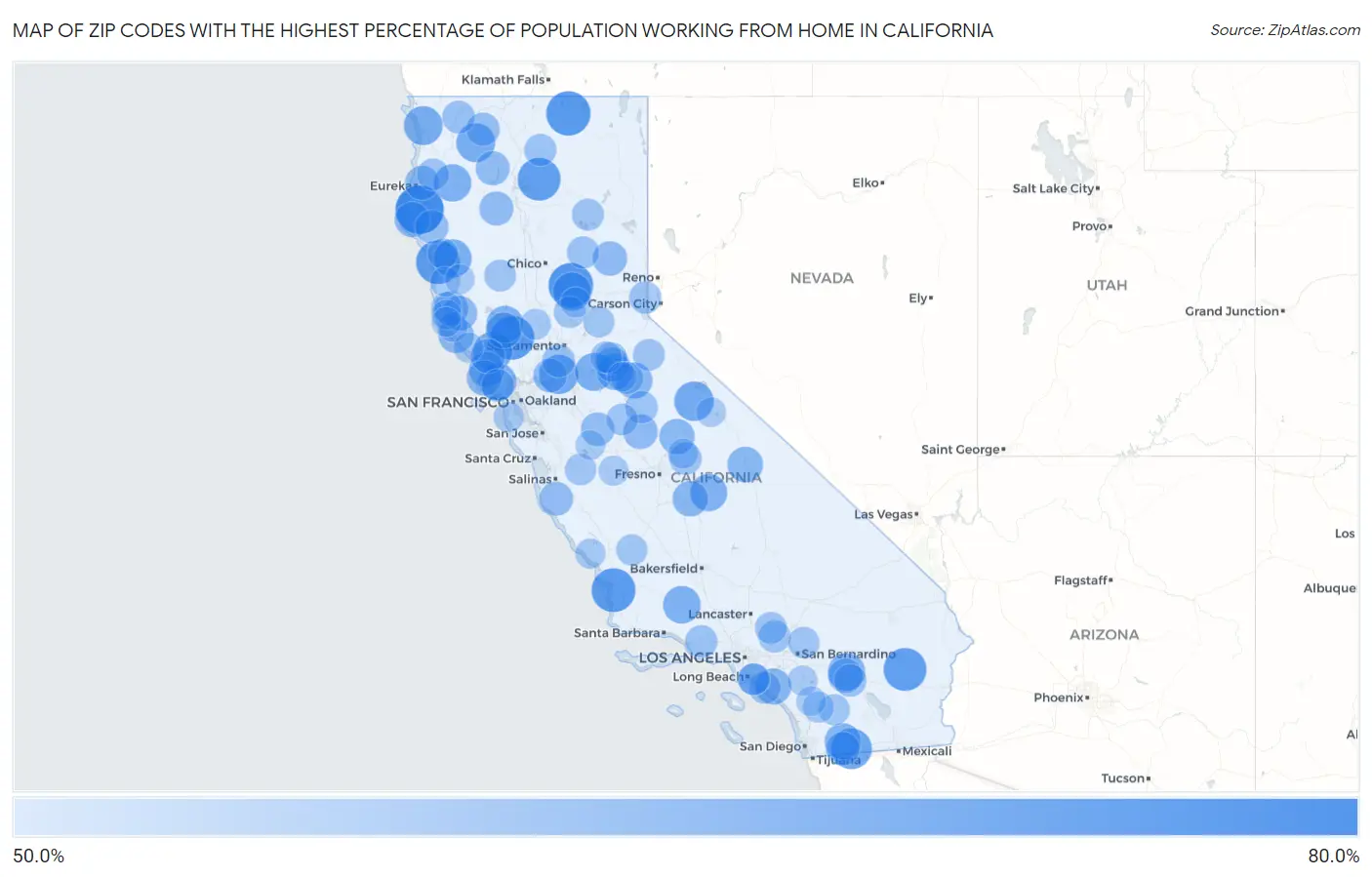 Zip Codes with the Highest Percentage of Population Working from Home in California Map