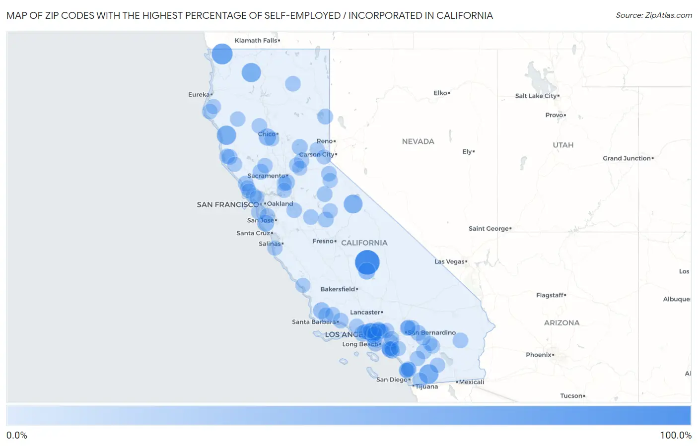 Zip Codes with the Highest Percentage of Self-Employed / Incorporated in California Map