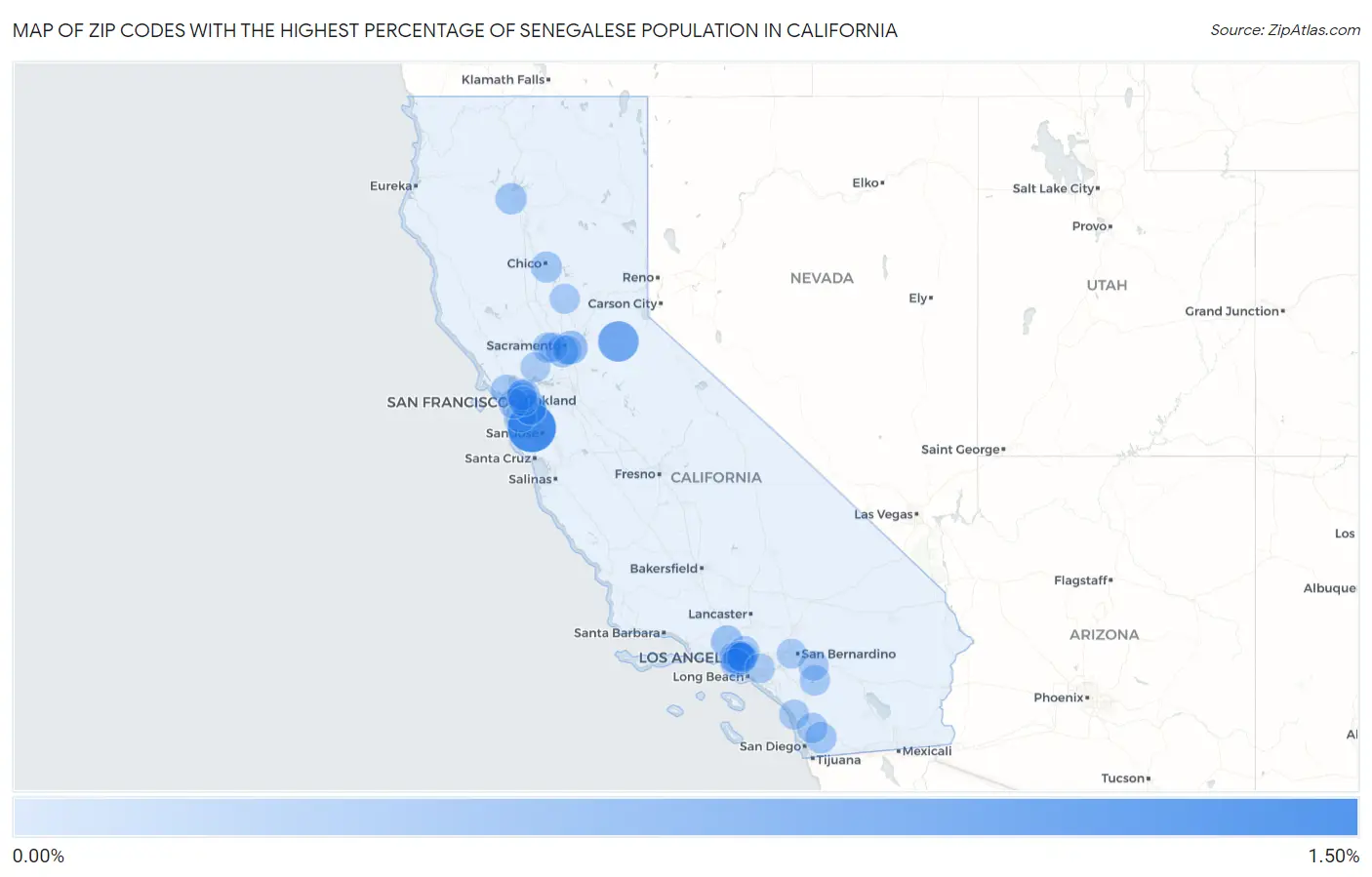 Zip Codes with the Highest Percentage of Senegalese Population in California Map