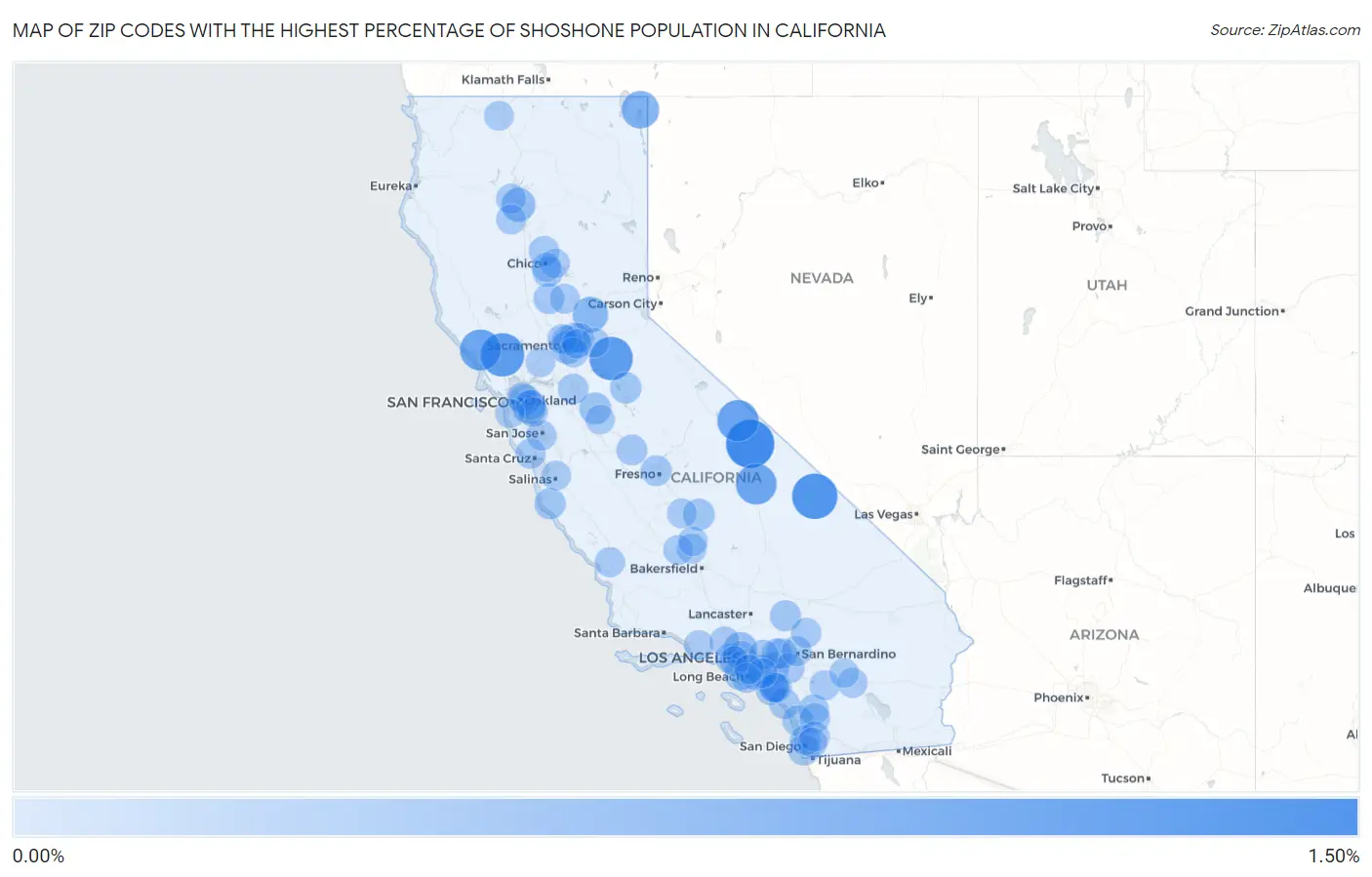 Zip Codes with the Highest Percentage of Shoshone Population in California Map