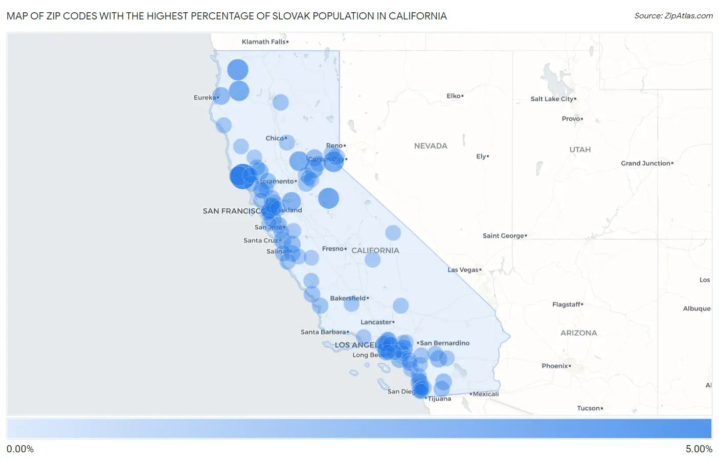 Zip Codes with the Highest Percentage of Slovak Population in California Map