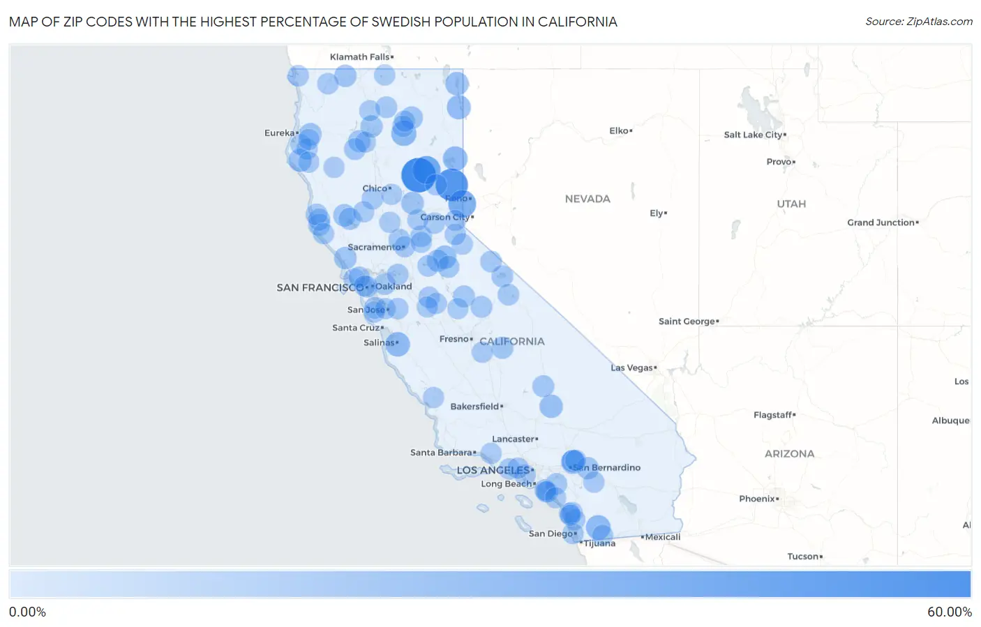 Zip Codes with the Highest Percentage of Swedish Population in California Map