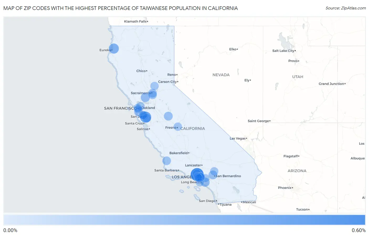 Zip Codes with the Highest Percentage of Taiwanese Population in California Map