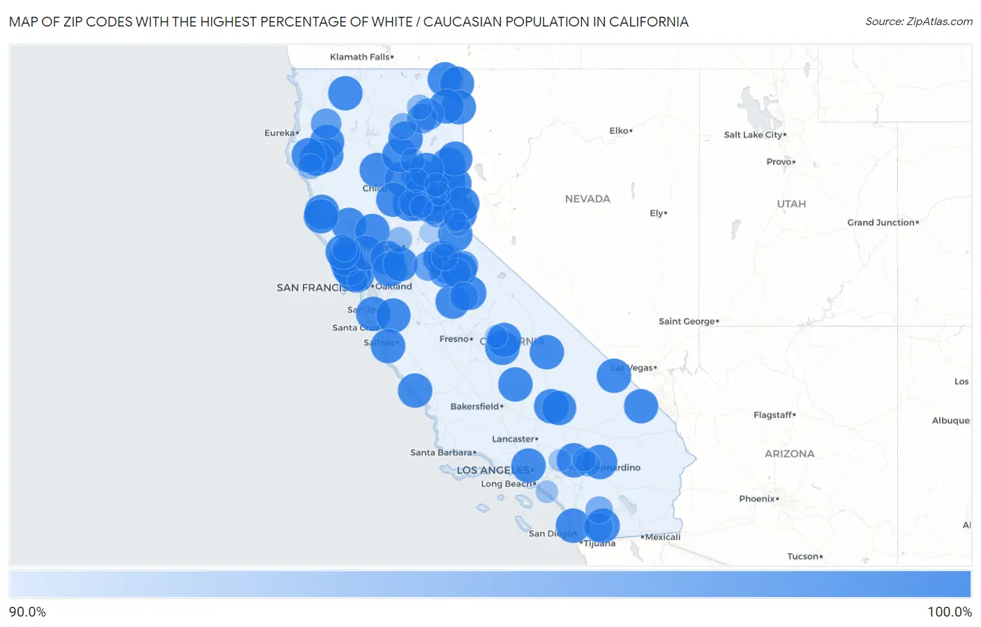 Zip Codes with the Highest Percentage of White / Caucasian Population in California Map