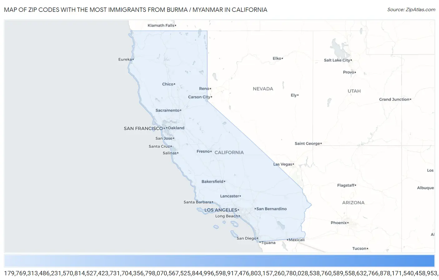 Zip Codes with the Most Immigrants from Burma / Myanmar in California Map