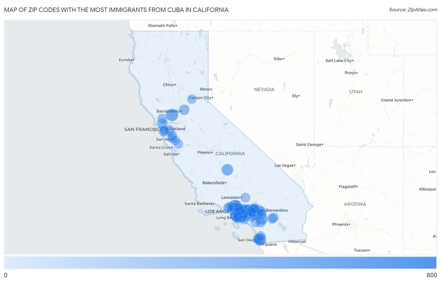 Zip Codes with the Most Immigrants from Cuba in California Map