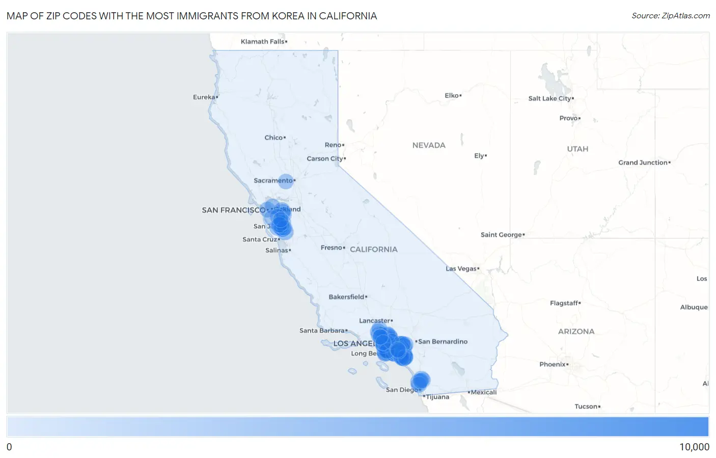 Zip Codes with the Most Immigrants from Korea in California Map