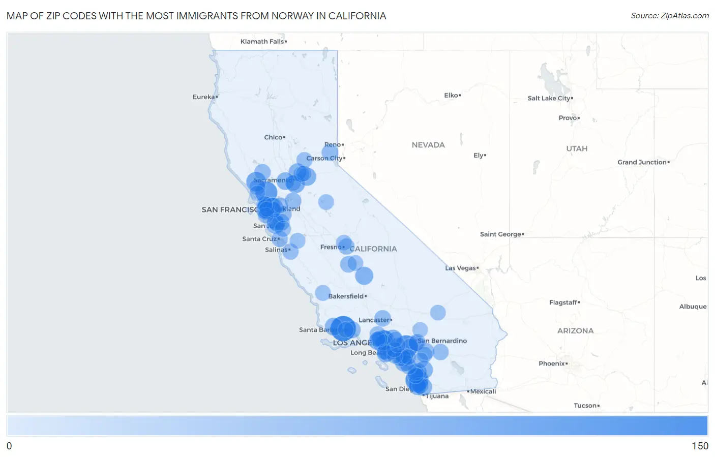 Zip Codes with the Most Immigrants from Norway in California Map
