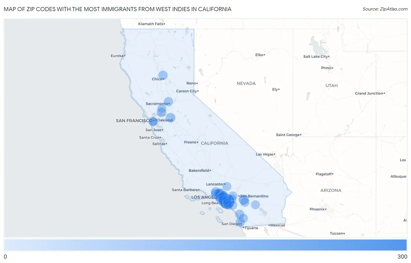 Zip Codes with the Most Immigrants from West Indies in California Map