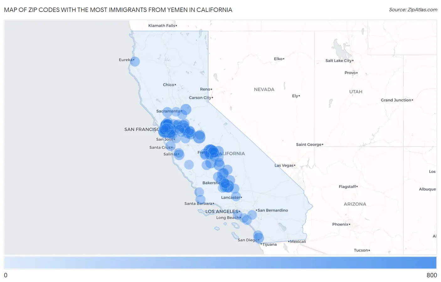 Zip Codes with the Most Immigrants from Yemen in California Map