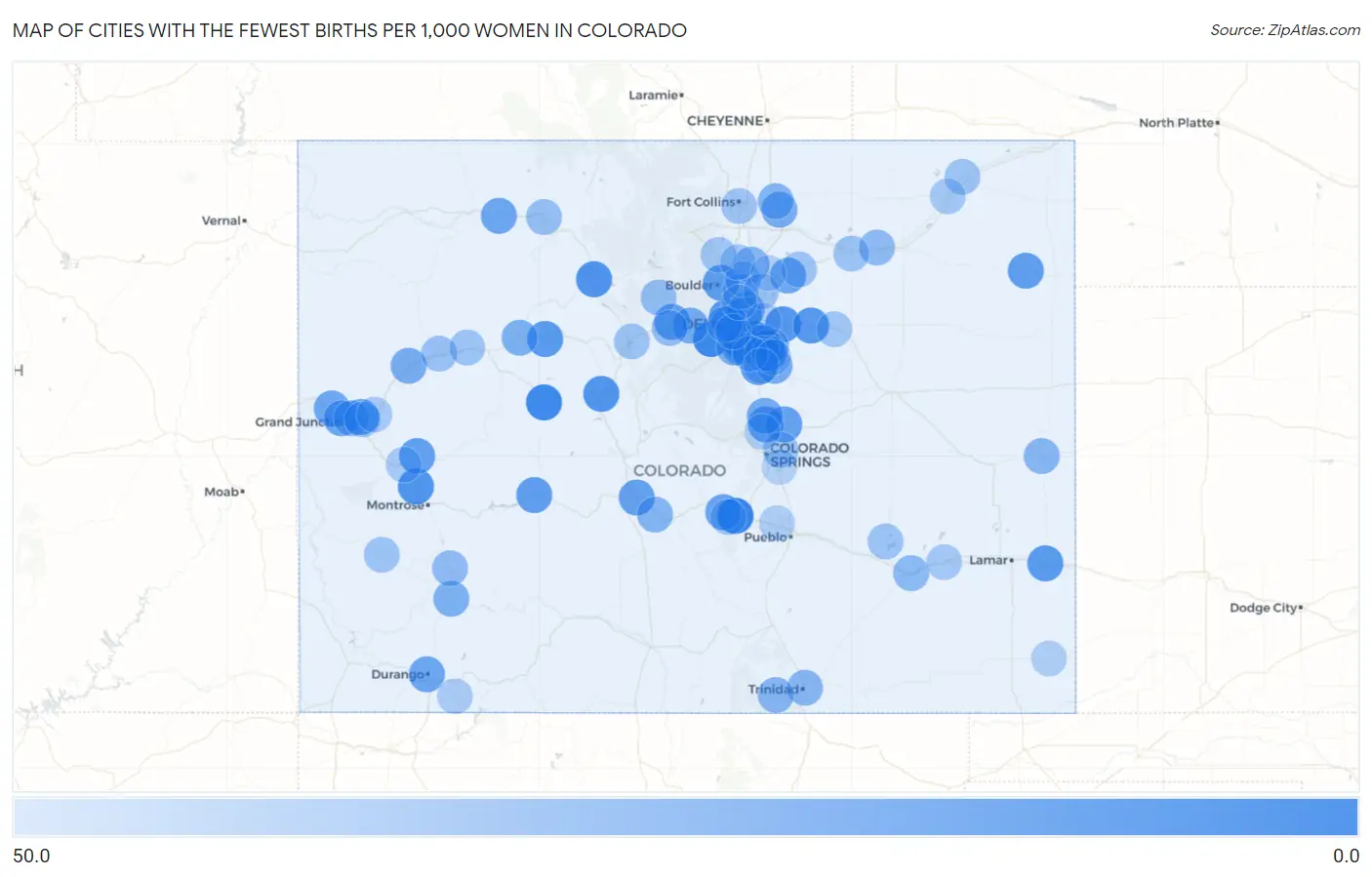 Cities with the Fewest Births per 1,000 Women in Colorado Map