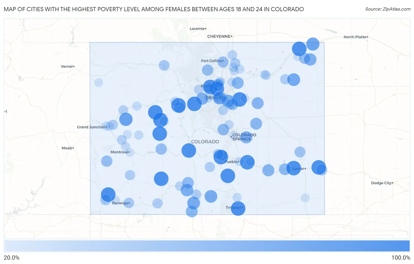 Cities with the Highest Poverty Level Among Females Between Ages 18 and 24 in Colorado Map