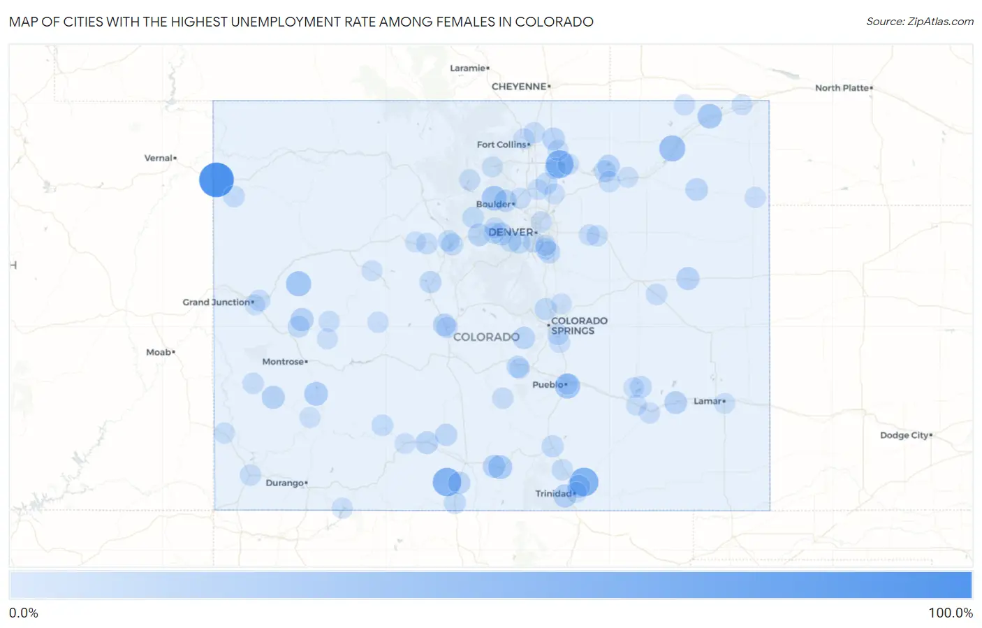 Cities with the Highest Unemployment Rate Among Females in Colorado Map