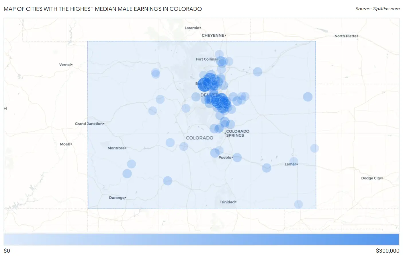 Cities with the Highest Median Male Earnings in Colorado Map