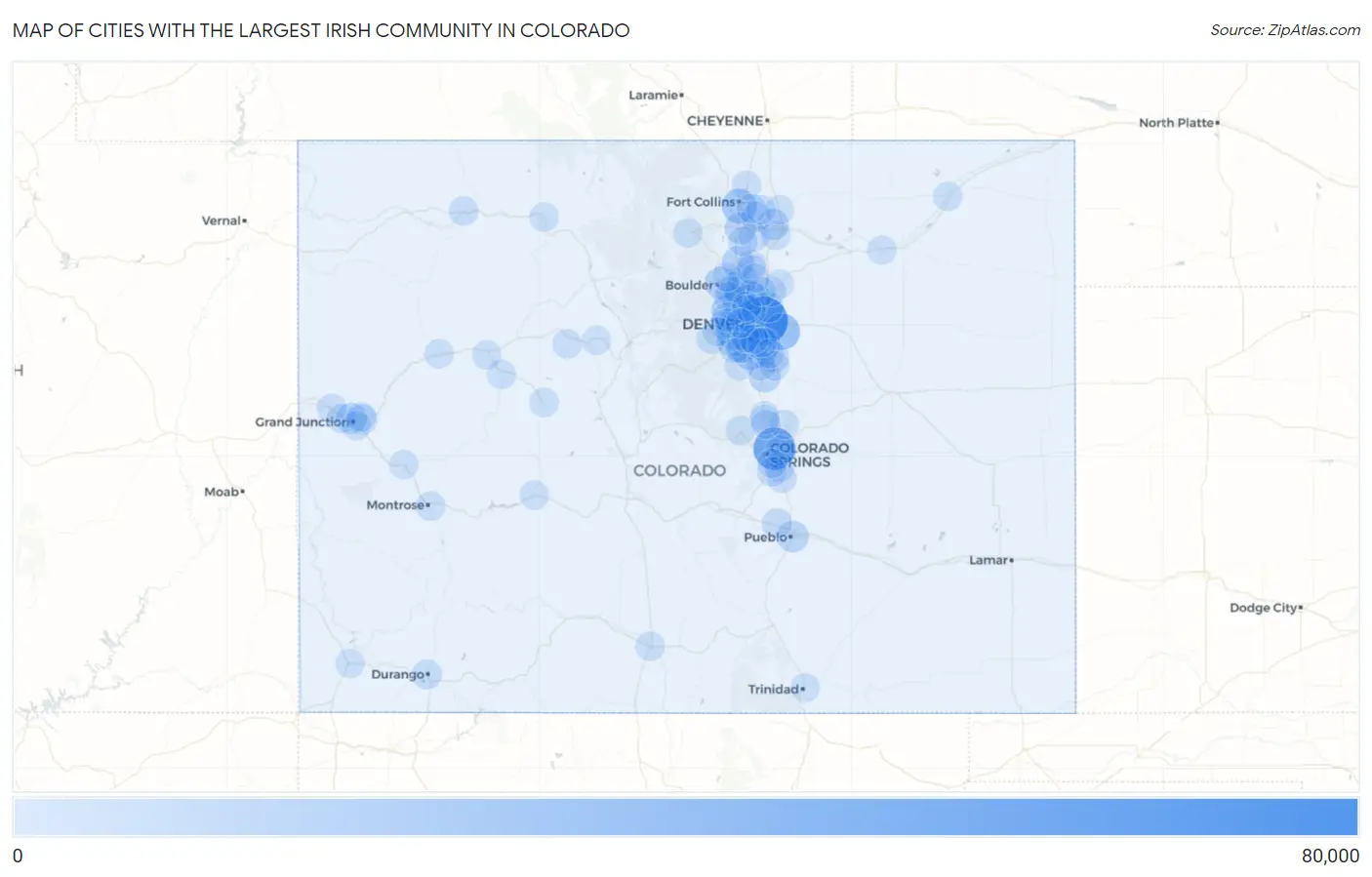 Cities with the Largest Irish Community in Colorado Map