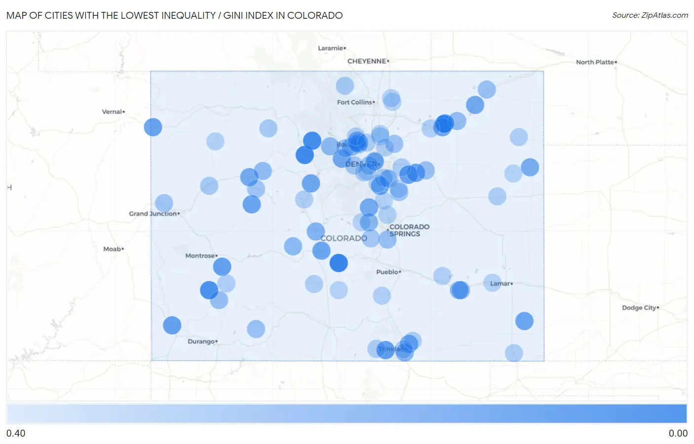 Cities with the Lowest Inequality / Gini Index in Colorado Map