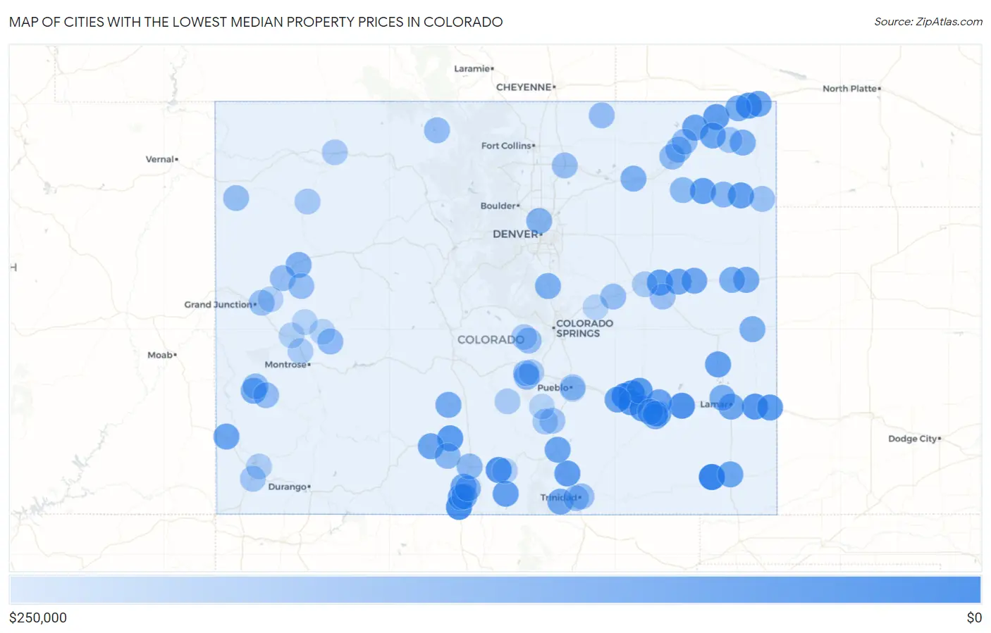 Cities with the Lowest Median Property Prices in Colorado Map