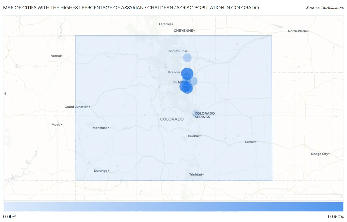 Cities with the Highest Percentage of Assyrian / Chaldean / Syriac Population in Colorado Map