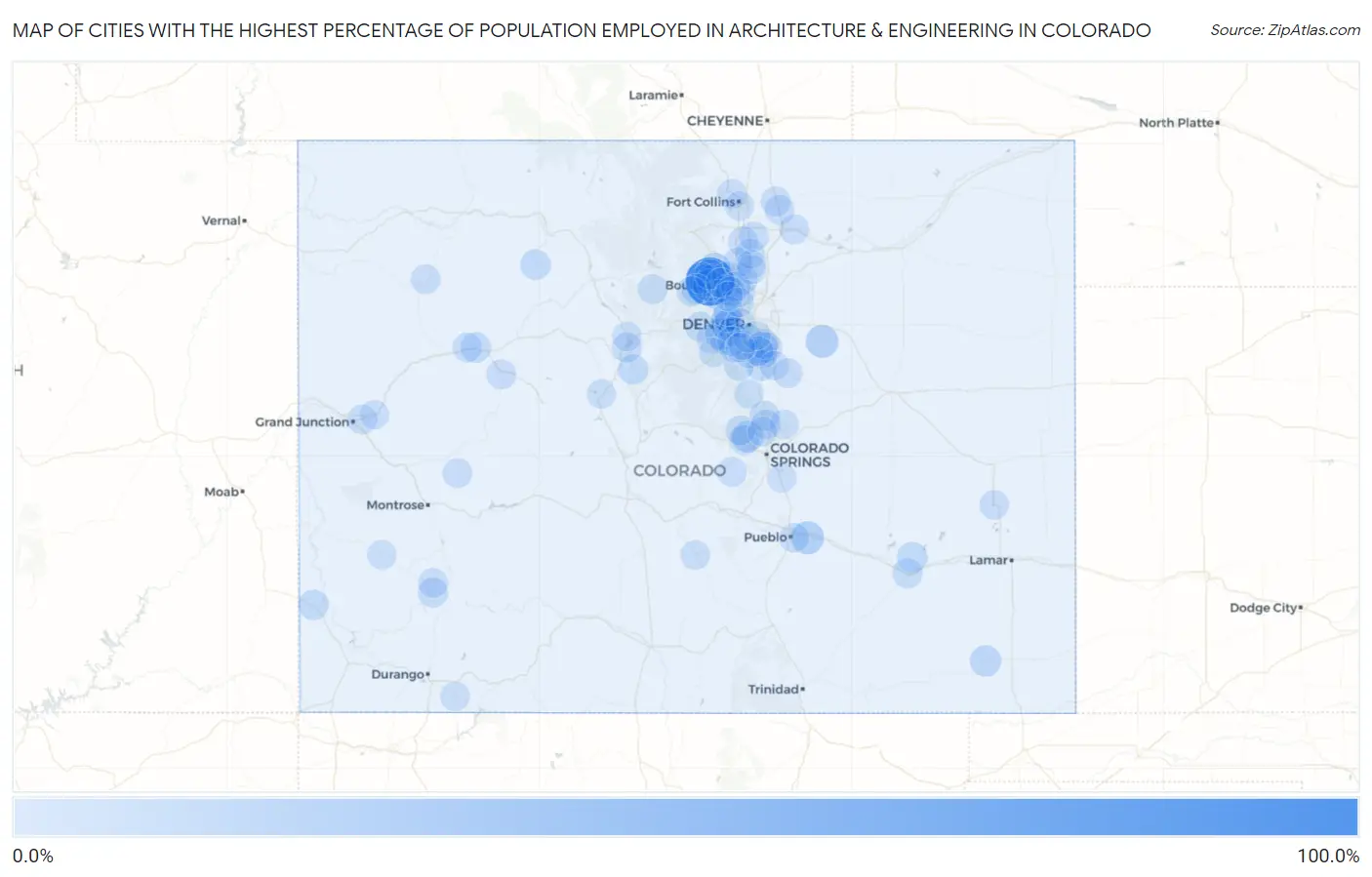 Cities with the Highest Percentage of Population Employed in Architecture & Engineering in Colorado Map