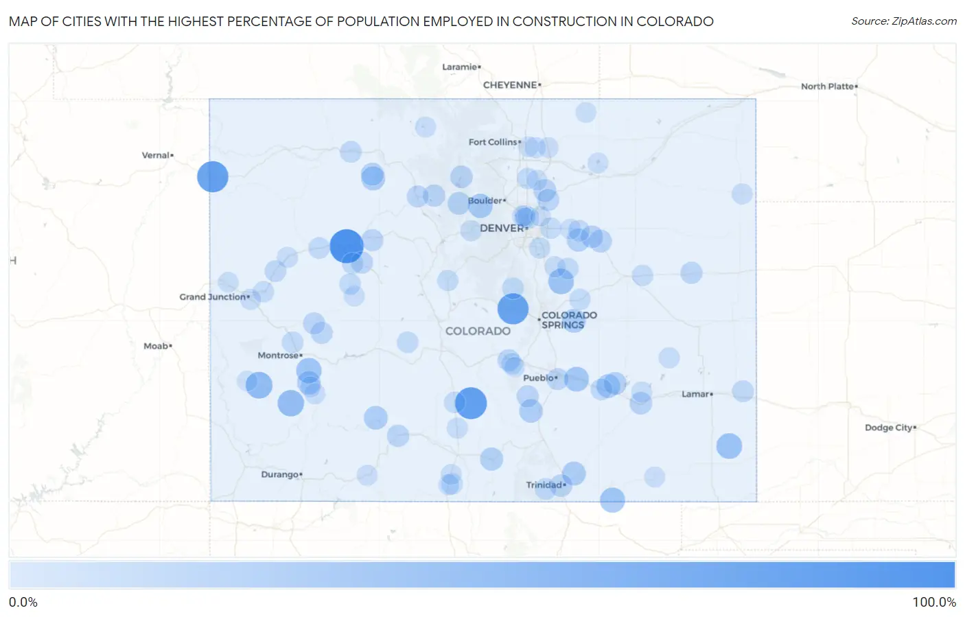 Cities with the Highest Percentage of Population Employed in Construction in Colorado Map