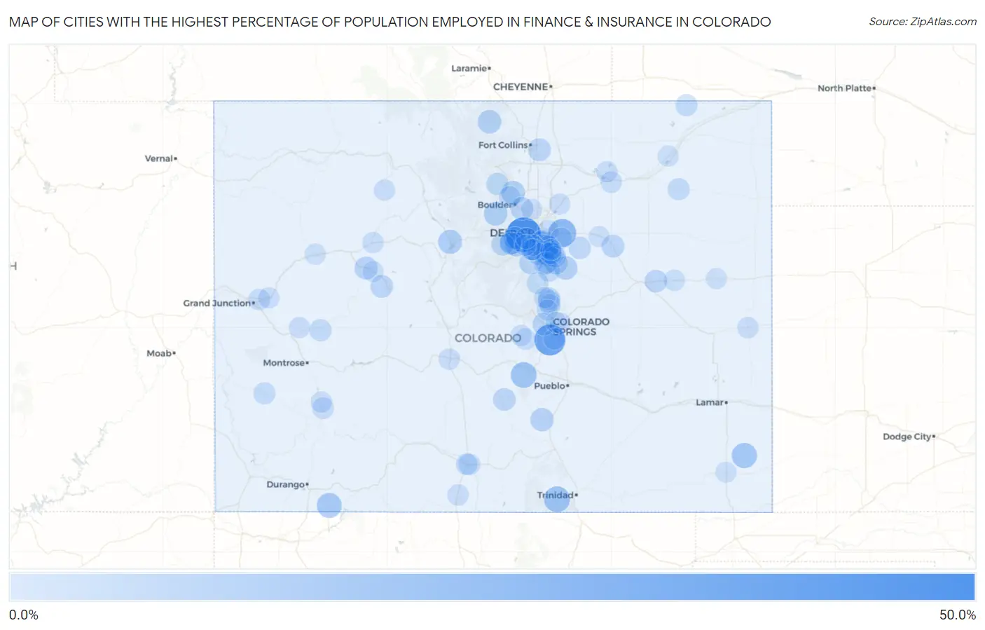 Cities with the Highest Percentage of Population Employed in Finance & Insurance in Colorado Map