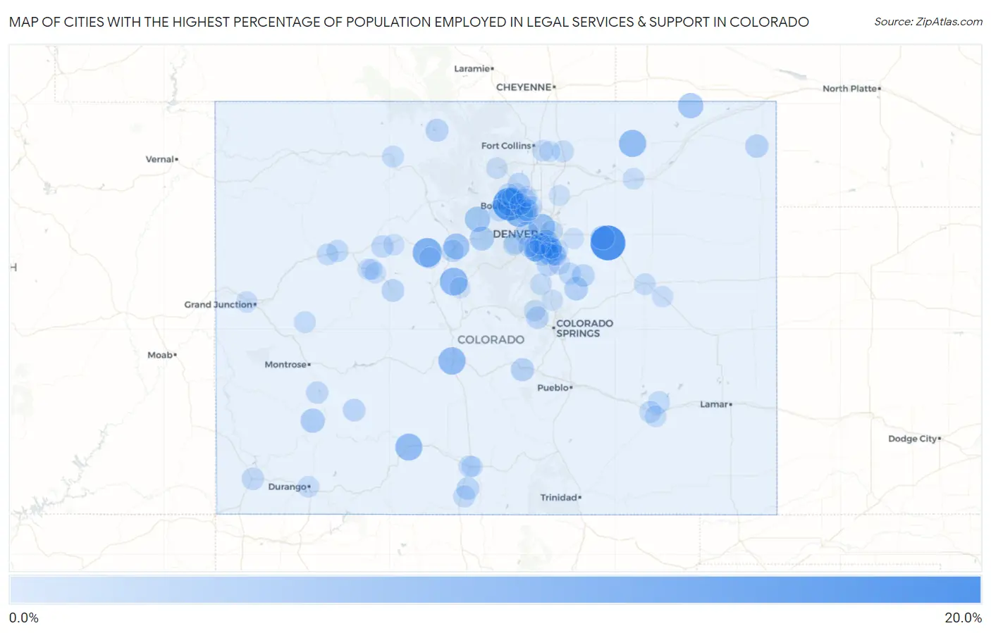 Cities with the Highest Percentage of Population Employed in Legal Services & Support in Colorado Map