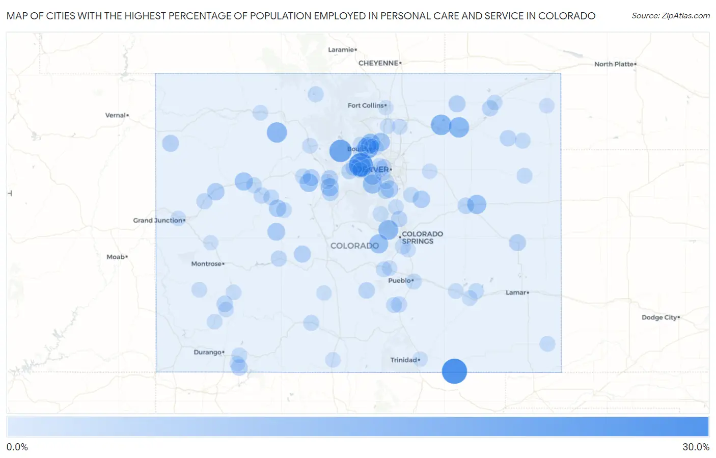 Cities with the Highest Percentage of Population Employed in Personal Care and Service in Colorado Map