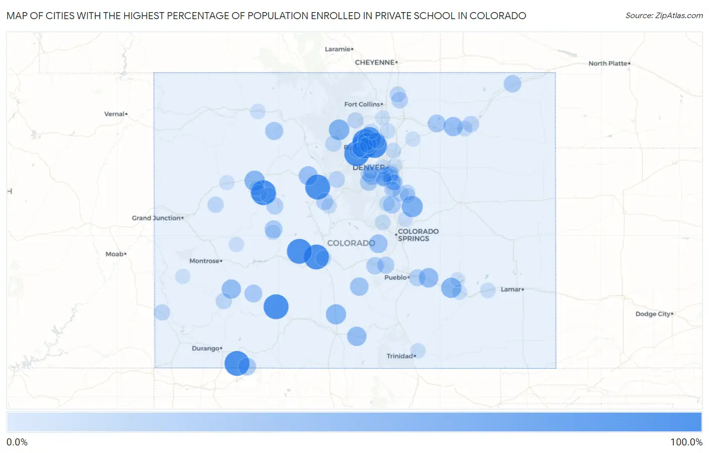 Cities with the Highest Percentage of Population Enrolled in Private School in Colorado Map
