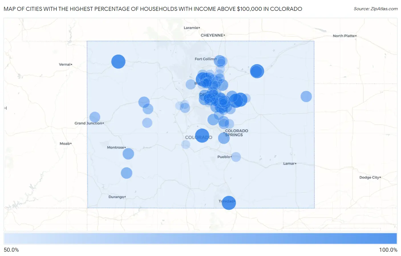 Cities with the Highest Percentage of Households with Income Above $100,000 in Colorado Map