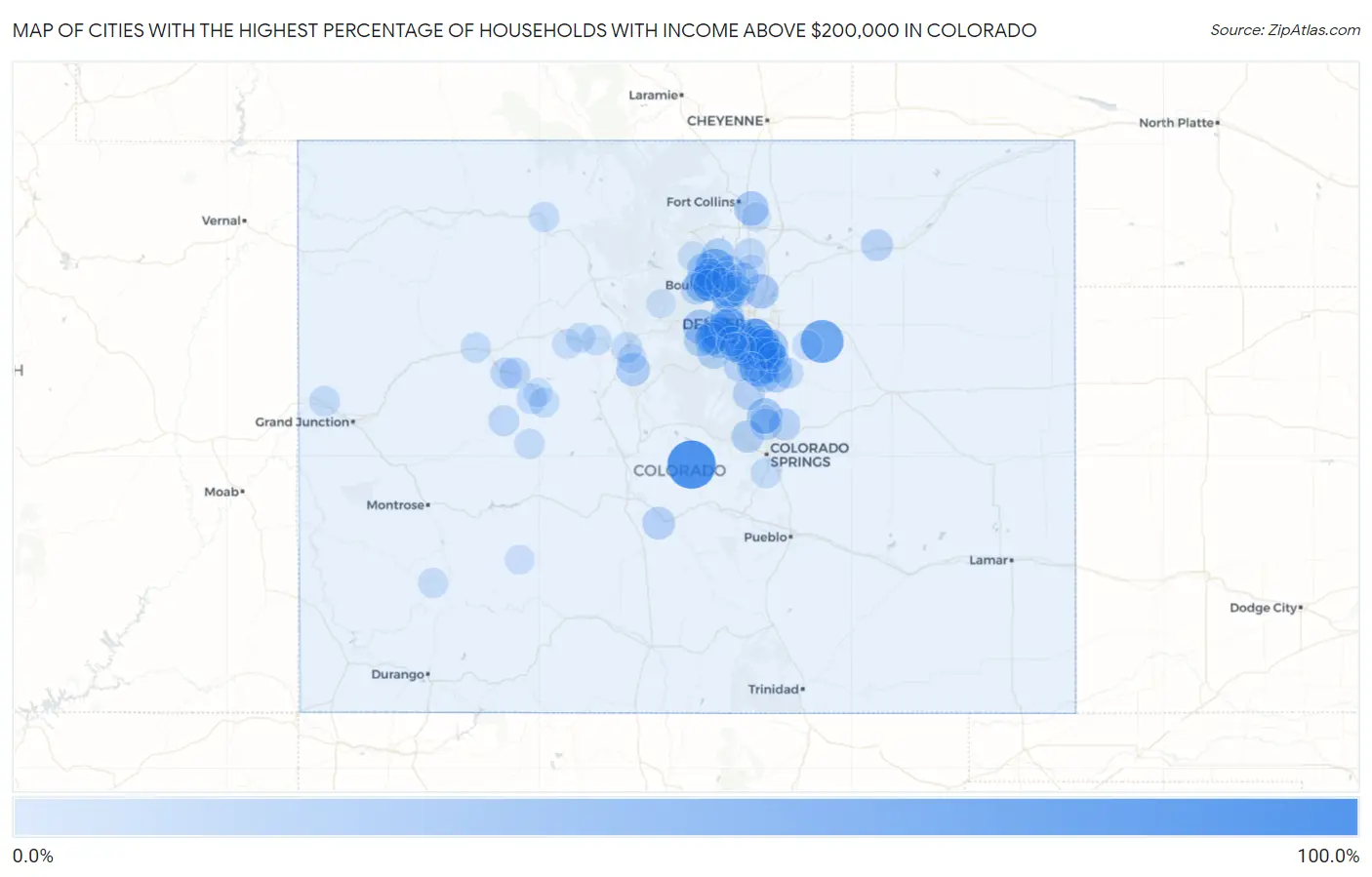 Cities with the Highest Percentage of Households with Income Above $200,000 in Colorado Map