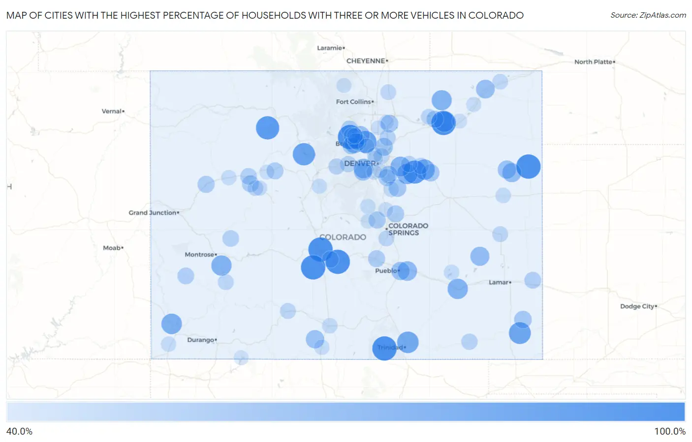 Cities with the Highest Percentage of Households With Three or more Vehicles in Colorado Map
