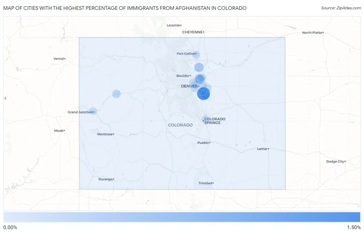 Cities with the Highest Percentage of Immigrants from Afghanistan in Colorado Map