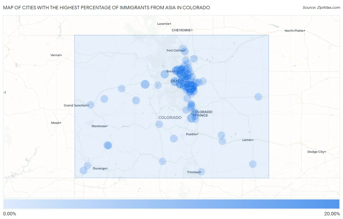 Cities with the Highest Percentage of Immigrants from Asia in Colorado Map