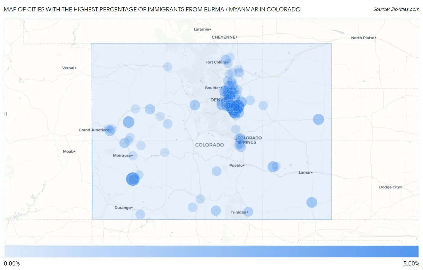 Cities with the Highest Percentage of Immigrants from Burma / Myanmar in Colorado Map