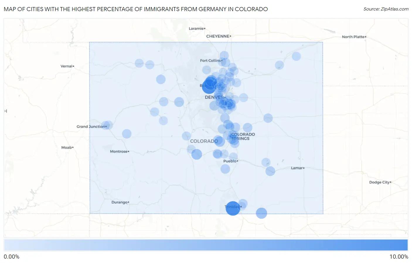 Cities with the Highest Percentage of Immigrants from Germany in Colorado Map