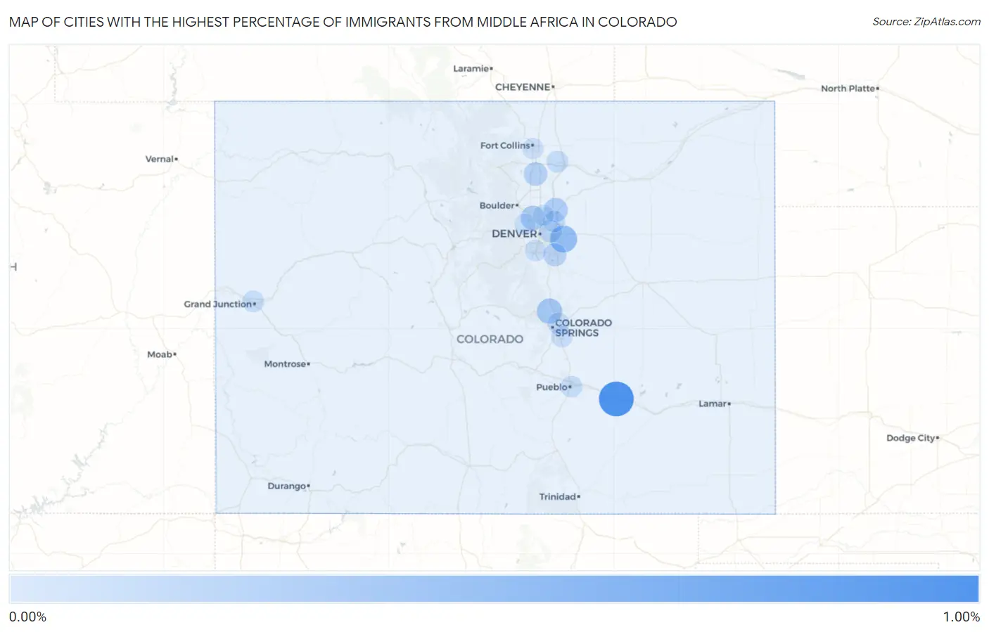 Cities with the Highest Percentage of Immigrants from Middle Africa in Colorado Map